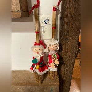 Vintage Christmas Mr. & Mrs. Claus Broom Wall Hanging